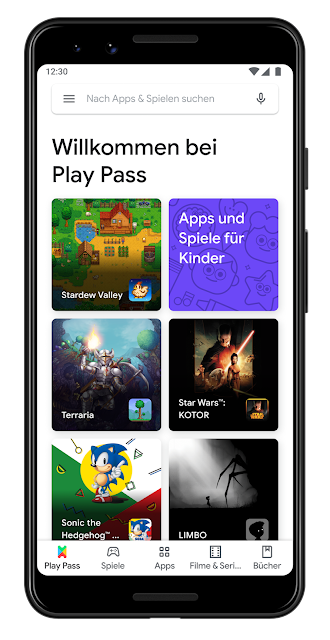 Smartphone mit Startseite des Google Play Pass