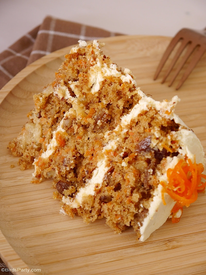 Carrot Layer Cake with Cream Cheese Frosting - delicious, moist cake with condensed milk, cream cheese smooth frosting, perfect for Easter dessert! by BirdsParty.com @birdsparty #cake #carrotcake #easter #eastercake #easterrecipe