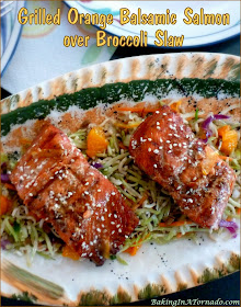 Grilled Orange Balsamic Salmon over Broccoli Slaw, a fast and easy dinner. Salmon is marinated, grilled, and served over a broccoli slaw dressed with the same marinade. | Recipe developed by www.BakingInATornado.com | #recipe #dinner