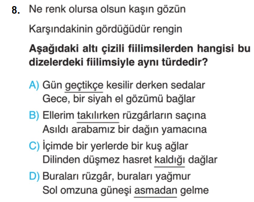 8.Sınıf Türkçe 1.Ünite Testi Çöz-3 (Fiilimsiler) - Test Çöz