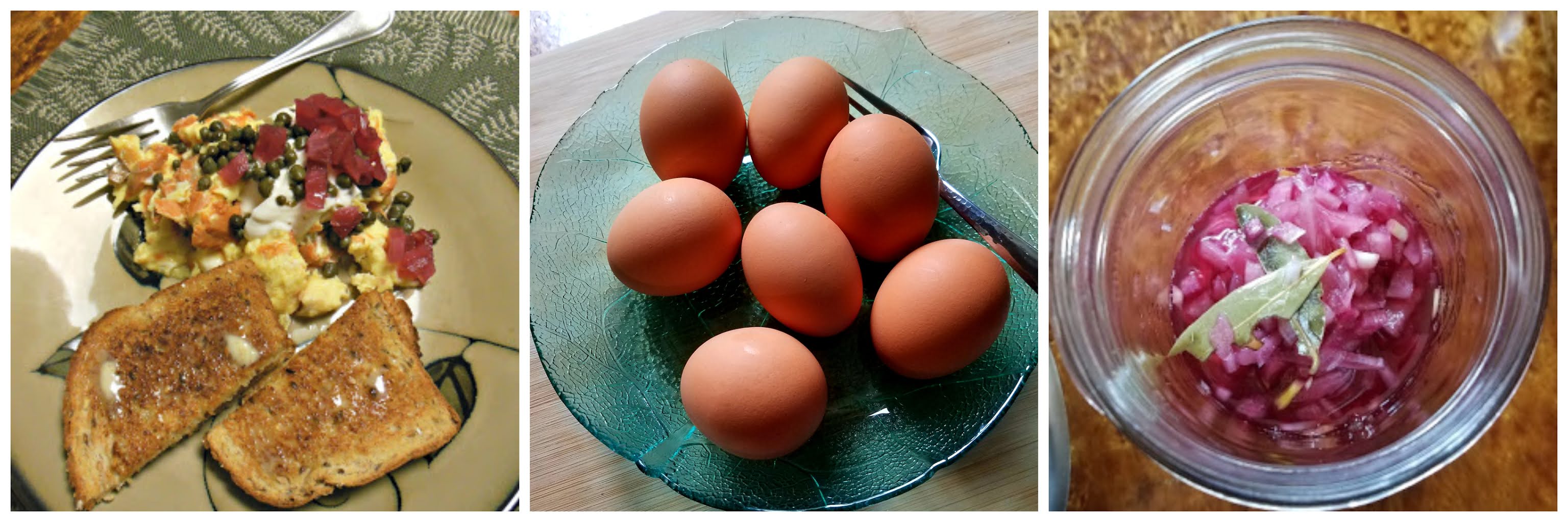 Scrambled Eggs with Smoked Salmon, Sour Cream, Pickled Red Onions and