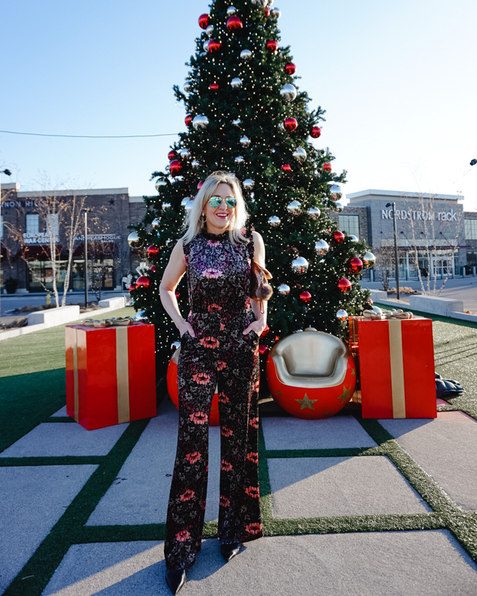 how to wear a Floral Velvet Jumpsuit