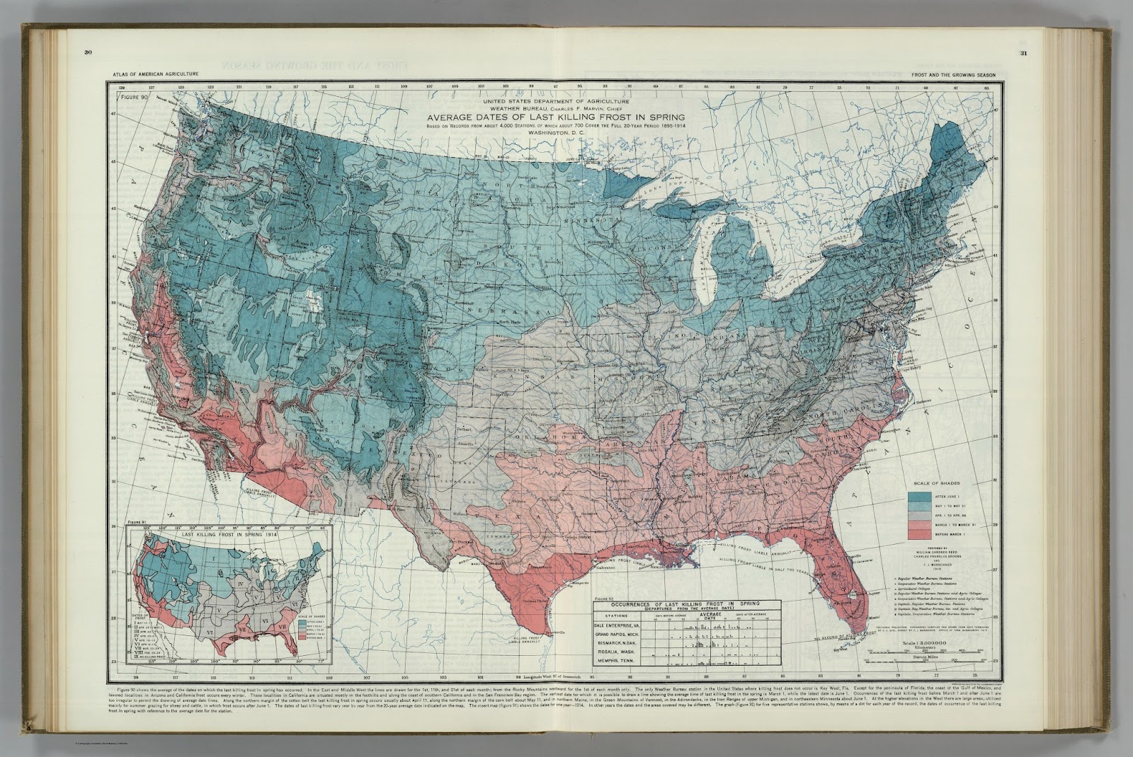 "Average Dates of Last Killing Frost in Spring," William Reed Gardner, Charles Franklin Brooks, and F.J. Marschner (1916)