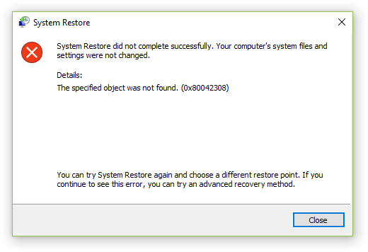 시스템 복원을 위해 지정된 개체를 찾을 수 없습니다(0x80042308).