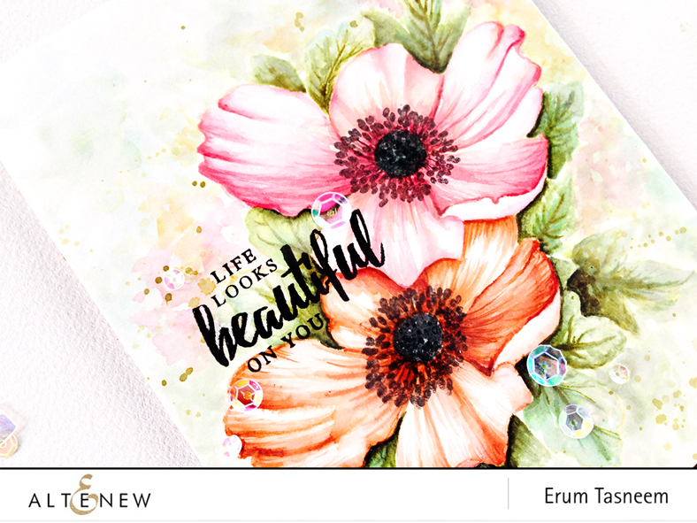 Altenew Build-A-Flower Anemone no line watercolouring using distress inks by Erum Tasneem - @pr0digy0