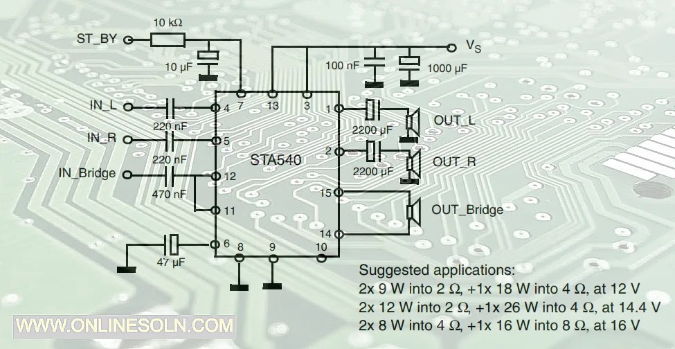 STA540 Stereo plus bridge drive amplifier circuit diagram | STA540 IC
