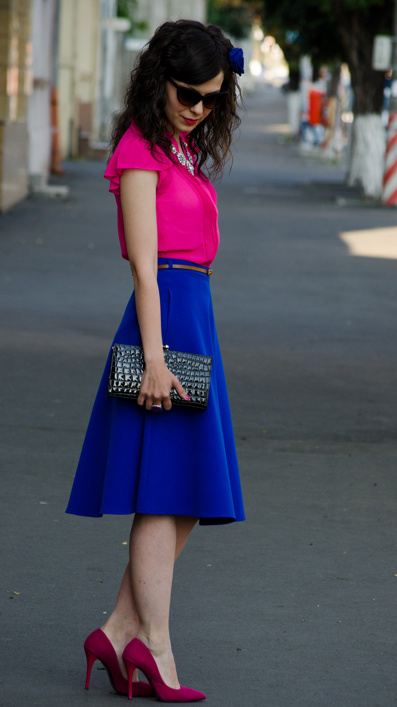 wedding attire cobalt blue skirt bright orchid shirt H&M fuchsia heels statement necklace