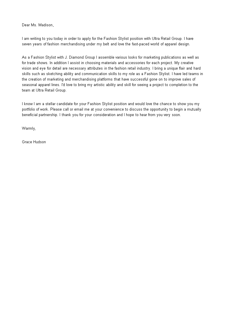 Cover Letter Fashion Stylist Intern Sample Letter