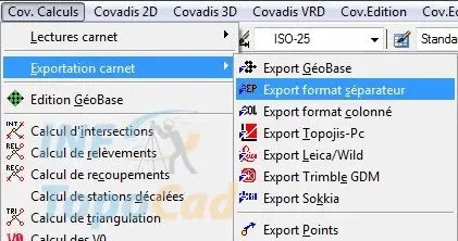 Training, Covadis, Exports, coordinates, calculated, GeoBases editor, Notebook export, Cov.Calculations menu, file with separator, columnar file, Topojis format, Wild Leica format, Sokkia format, Geotronics, Spectra Precision, terrain topography, notebook