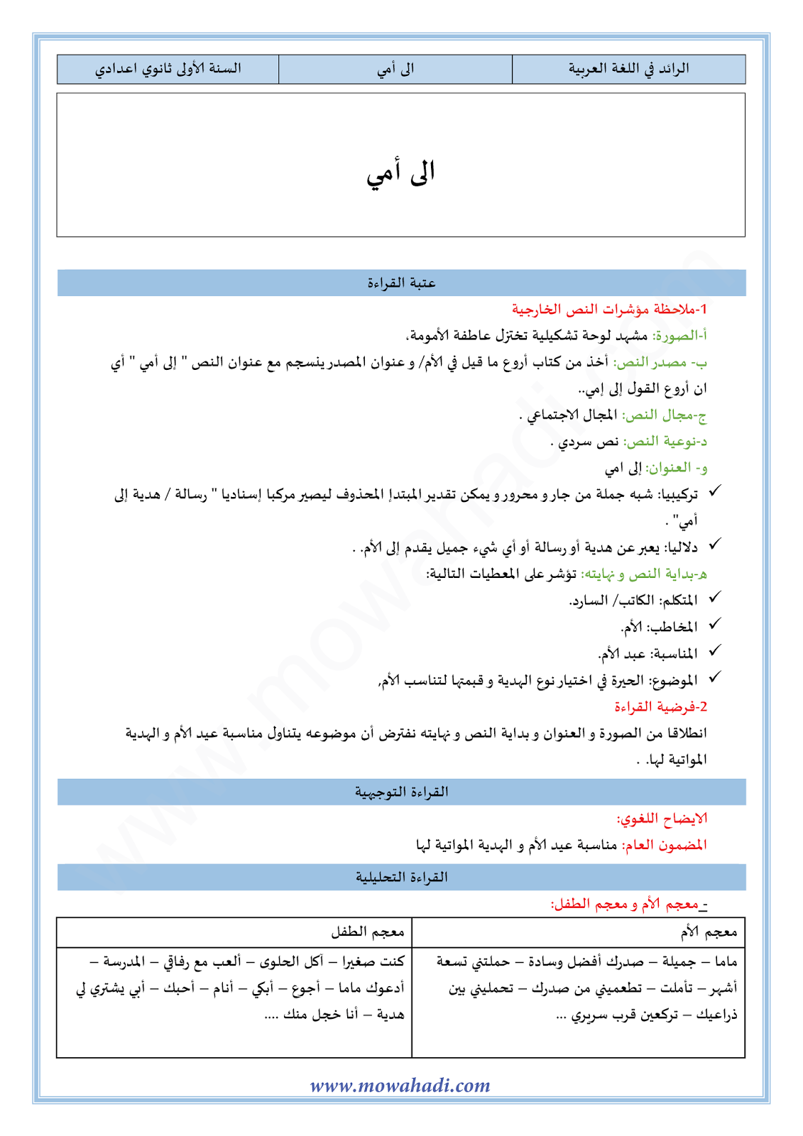 درس الى أمي للسنة الاولى اعدادي مادة اللغة العربية حياتي