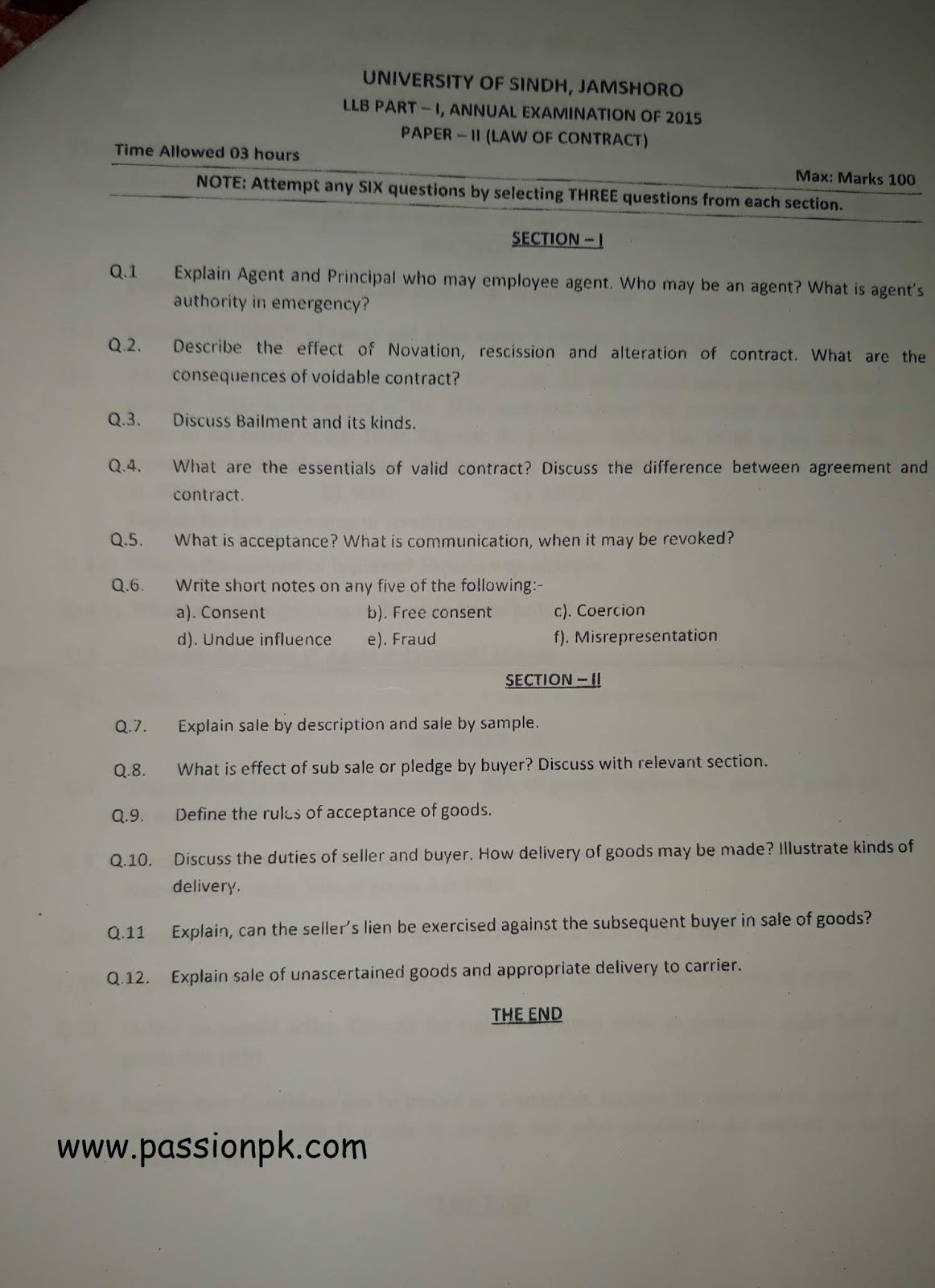PASSIONPK Sindh University LLB Part 1 Past Papers Of Law Of Contract