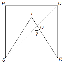 PQRS is a square and SRT is an equilateral triangle. What is the value (in degrees) of ∠SOR ?