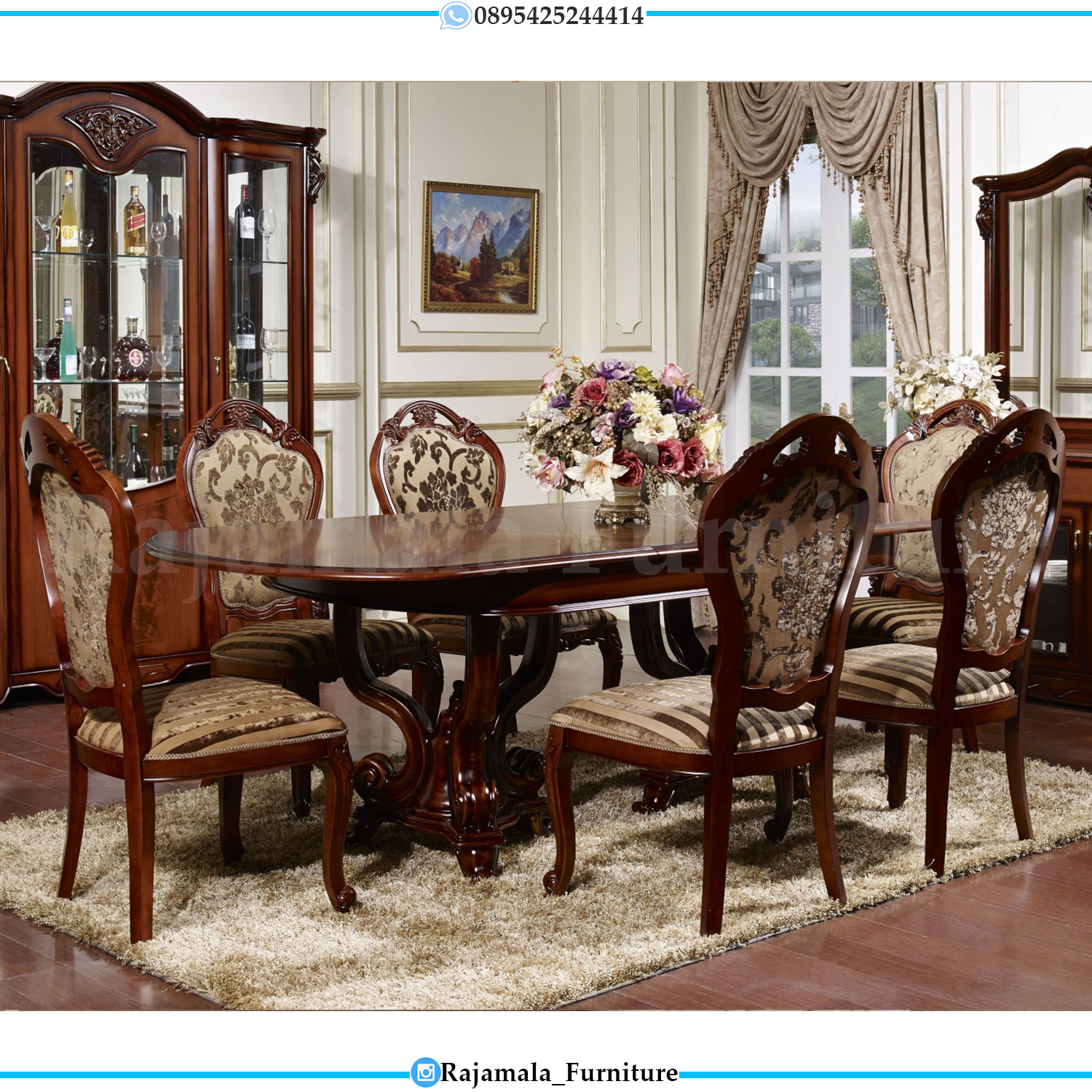 meja makan mewah 6 kursi jati natural mebel luxury jepara rm-0127