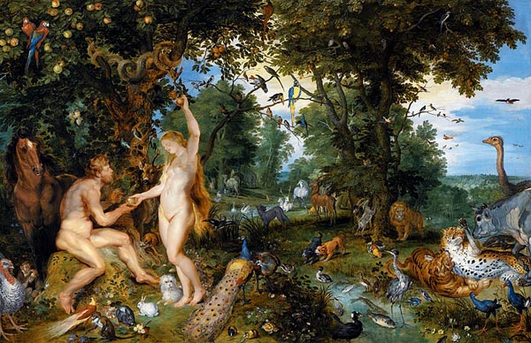 oil painting of a lush garden filled with animals of all kinds, predators and prey side-by-side; a nude woman is reaching up to pluck fruits from a tree, as she hands another to a seated nude man