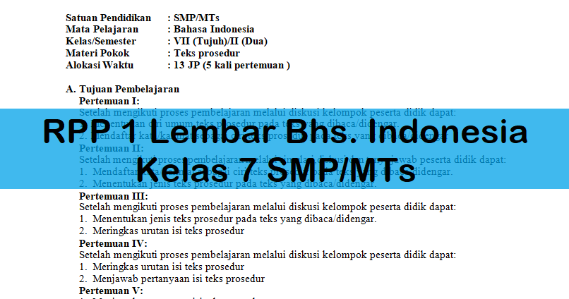 Rpp 1 Lembar Bhs Indonesia Kelas 7 Smp Mts Antapedia Com