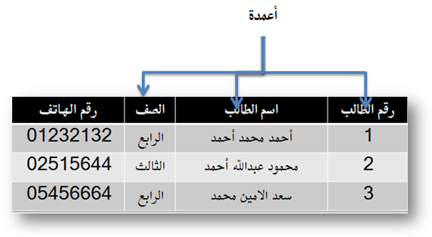 جداول تسمى البيانات بالأحرف برامج الصفوف في تسمى الأعمدة