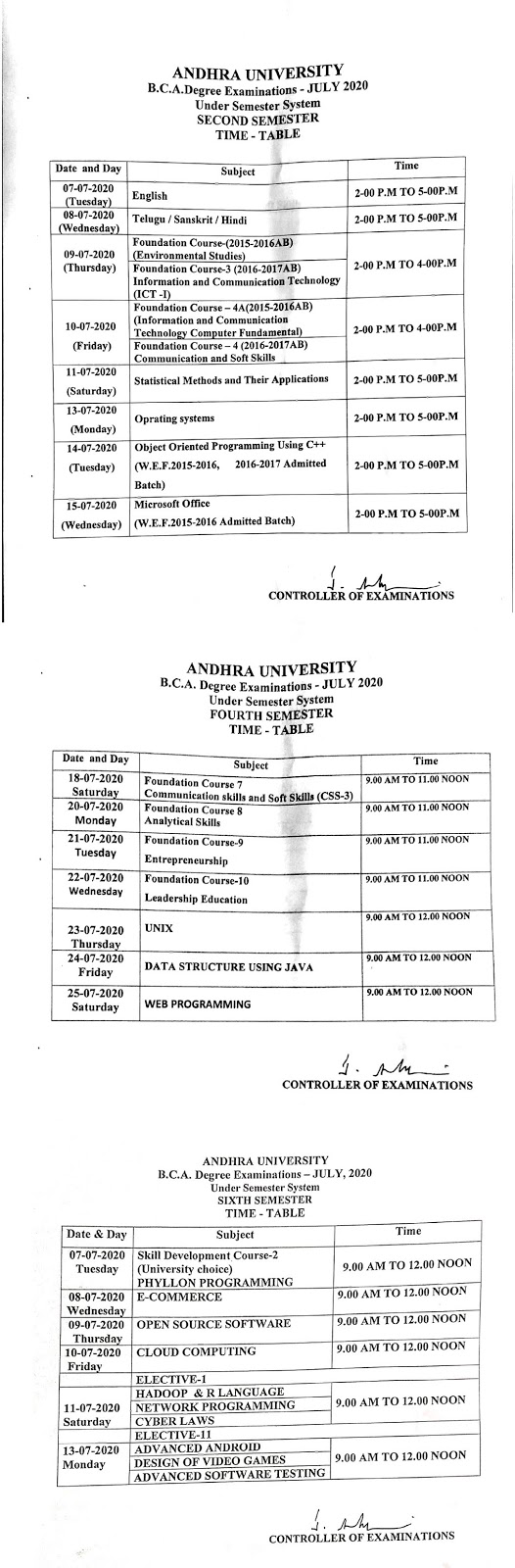 andhra university bca 2nd, 4th & 6th sem july 2020 revised time table