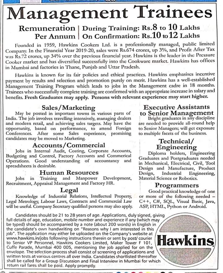 Hawkins Cookers Jobs For Sales & Marketing Accounts Technical Assistant Executive Assistant Human Resource Check Now