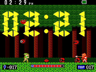 Link fighting in the forest against Moblins and Octoroks in the style of Zelda II, the timer is made out of Triforce shards and spells 02:21