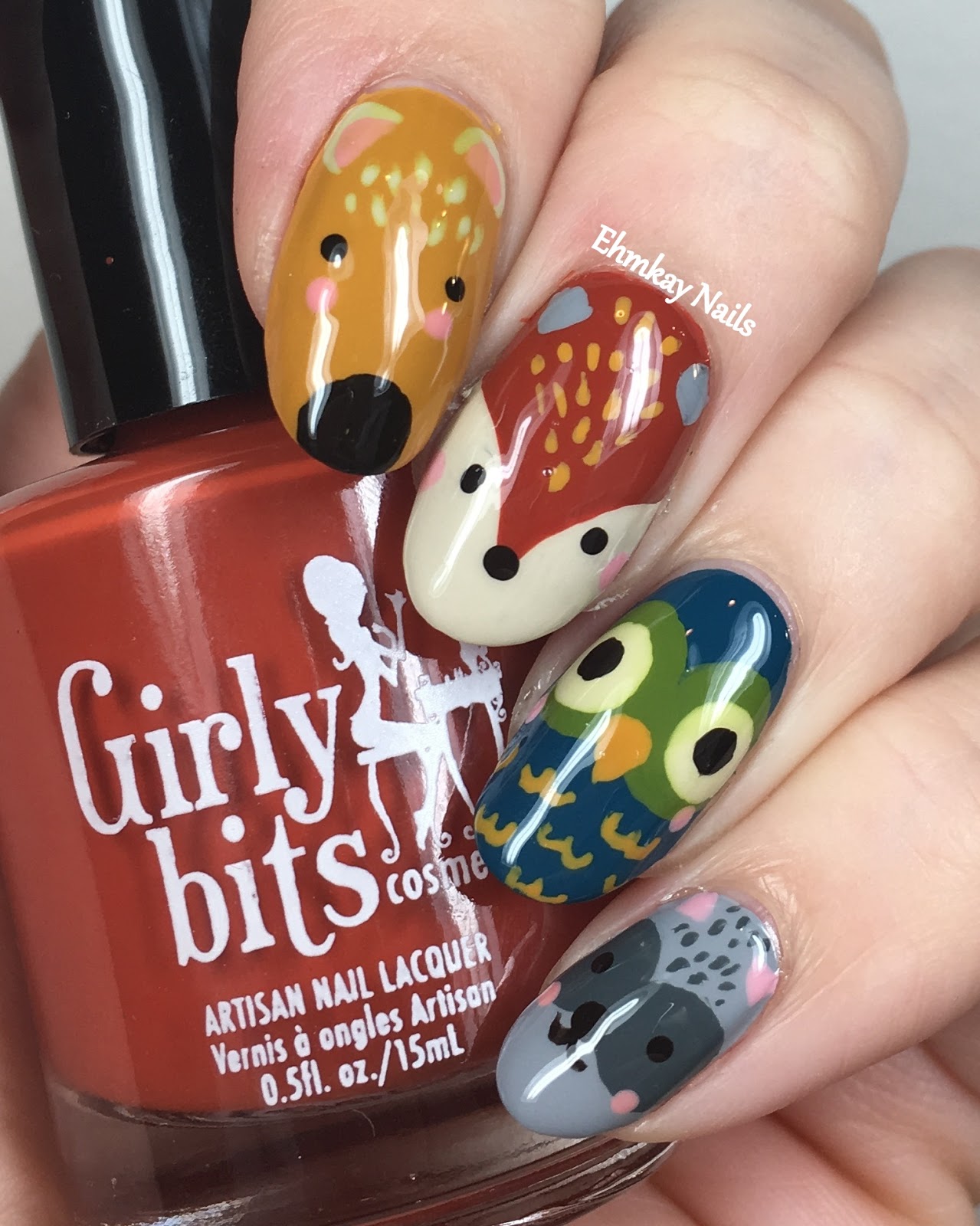 ehmkay nails Woodland Creatures Nail Art with Girly Bits Autumn Cremes