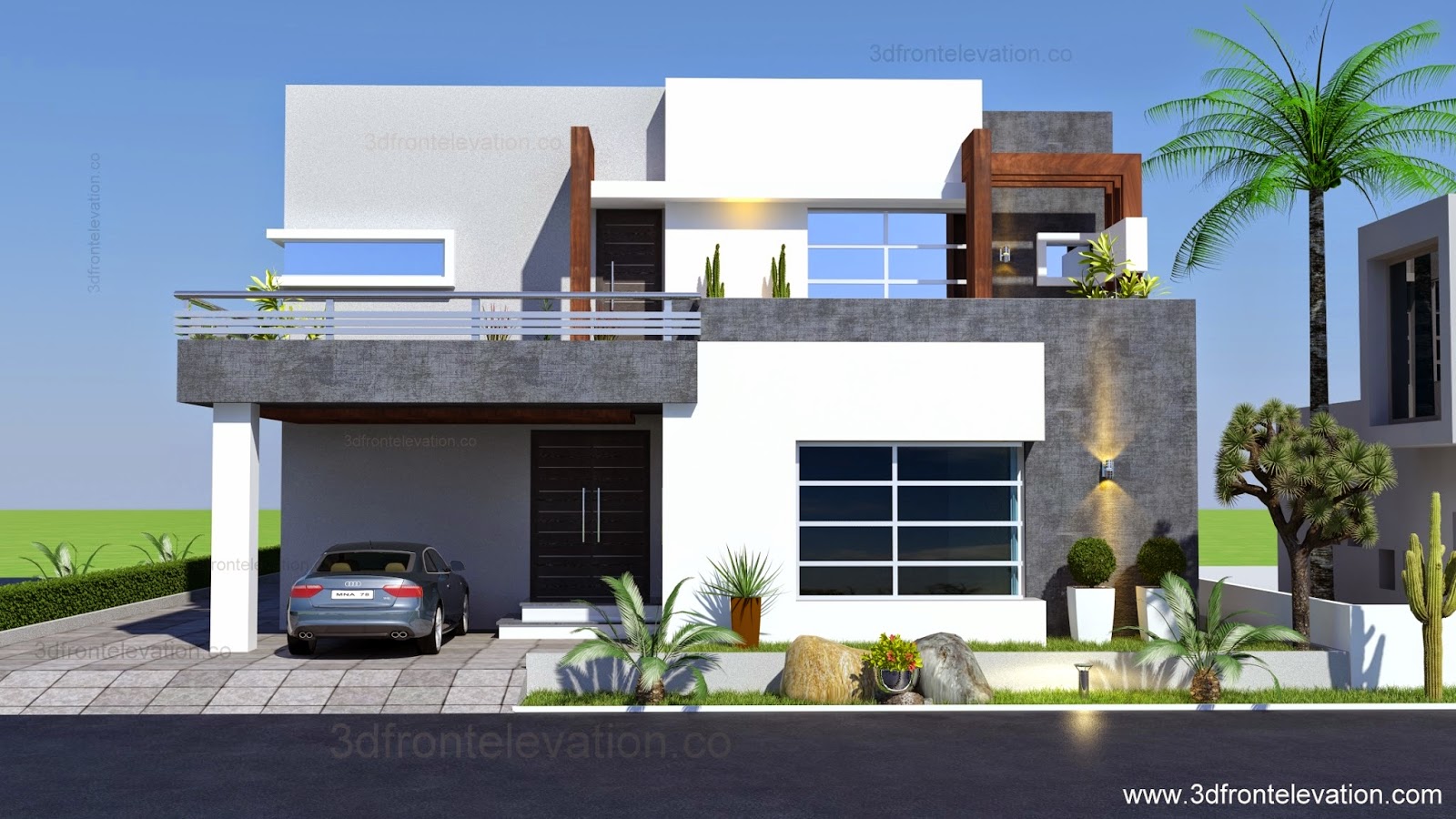 3D Front Elevation com 1  Kanal  Contemporary  House  Plan  