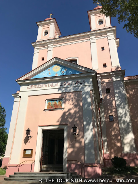 The pastel facade of the Orthodox Church of the Holy Spirit in Vilnius in Lithuania