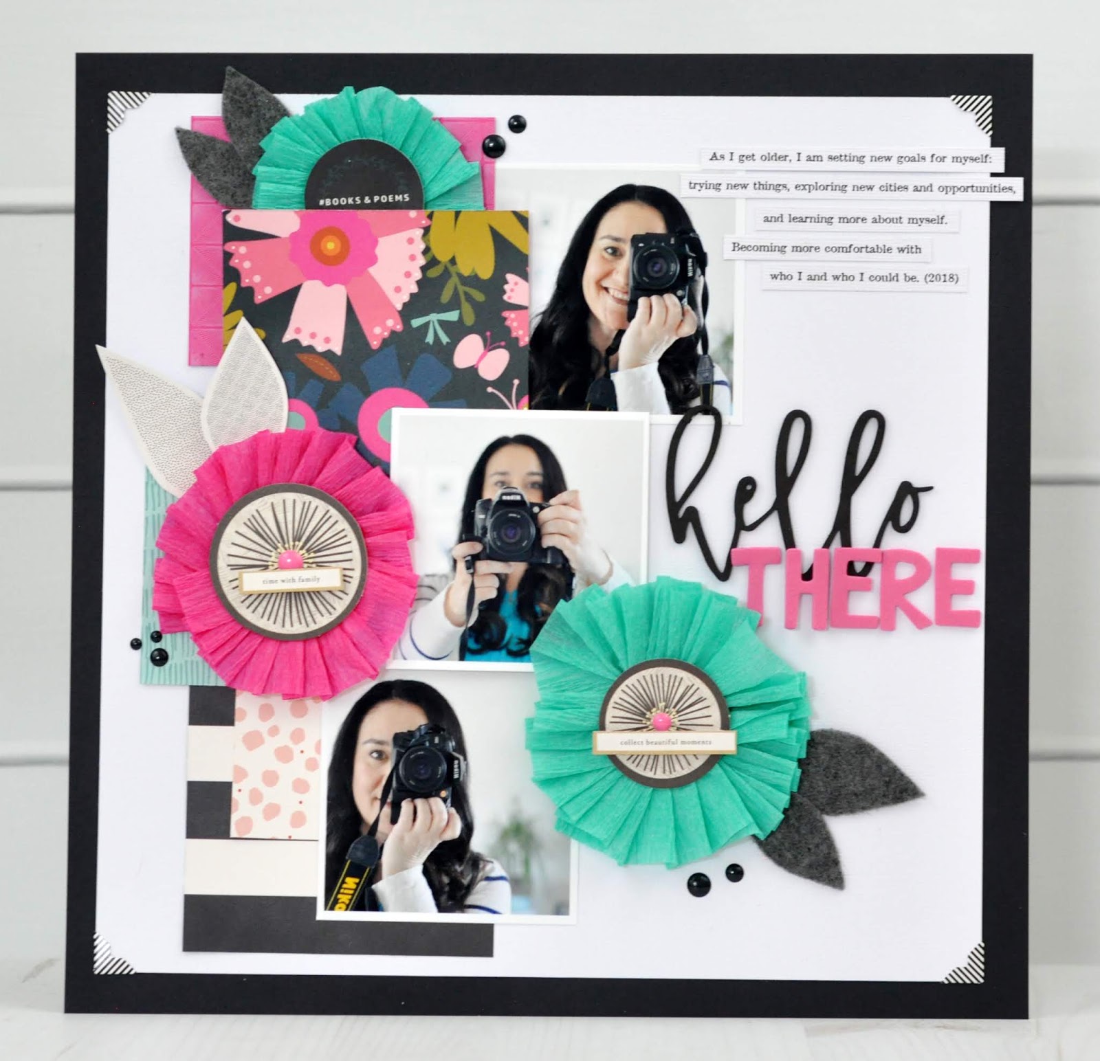 Hello There Scrapbooking Layout with Crepe Paper Flowers Jen Gallacher