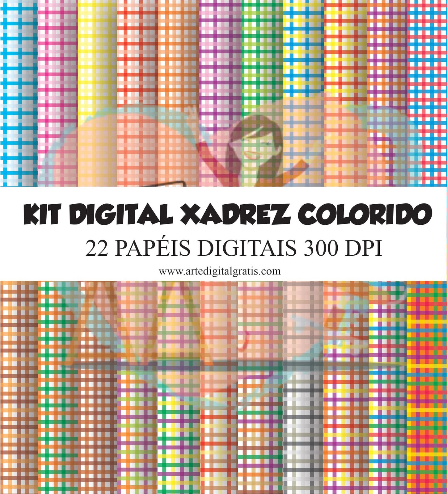 KIT DIGITAL XADREZ COLORIDO - DOWNLOAD - Arte Digital Grátis