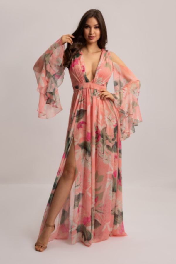 vestido longo coral estampado para madrinha de casamento dia