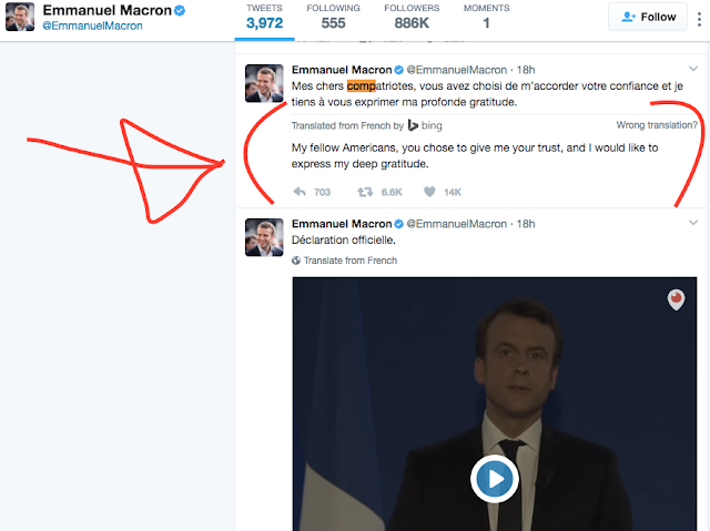Macron after his election "Mes chers compatriotes" , Bing translates as "My fellow Americans"