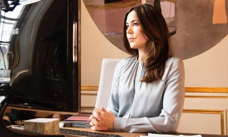 Crown Princess Mary wore a light blue banora silk-blend blouse from Hugo Boss. Women and Transformative Leadership for Generation Equality panel