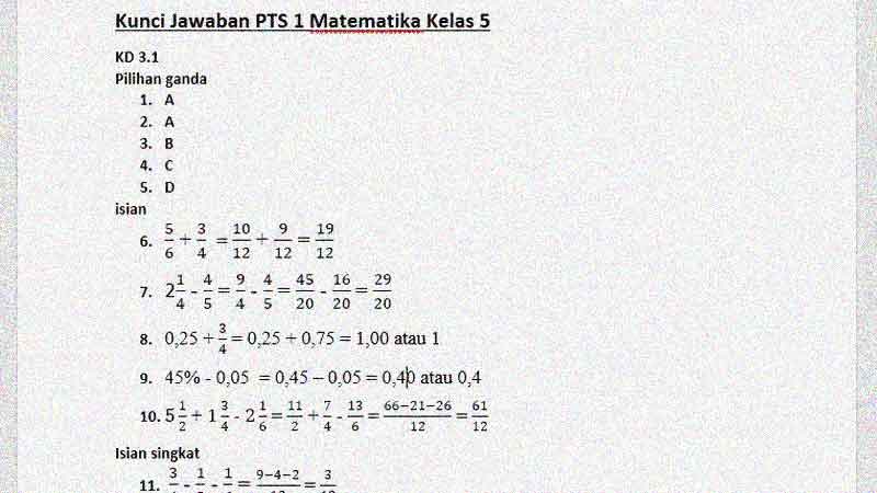 Soal Penilaian Tengah Semester 1 Matematika Kelas 5 dan Kunci Jawabannya