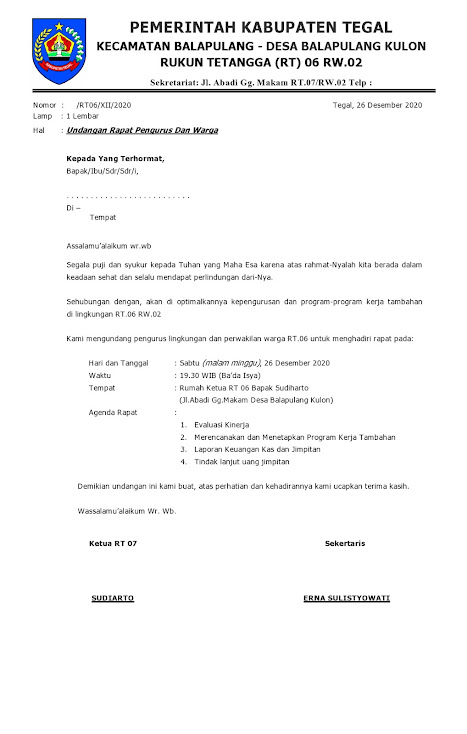 Contoh Surat Undangan Rapat RT dan Warga, Surat Edaran RT ke Warga
