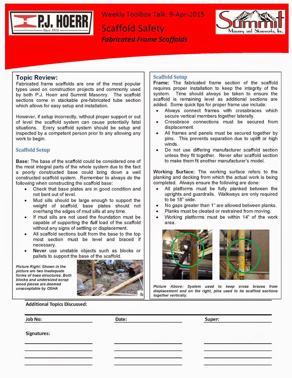 P.J. Hoerr, Inc. P.J. Hoerr & Summit Masonry Weekly Toolbox Talk