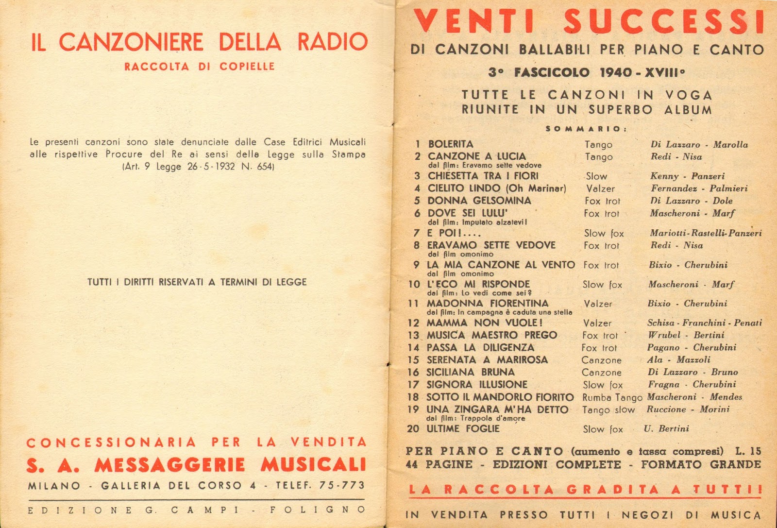 MUSICA LEGGERA ITALIANA ║║╠╣ «il CANZONIERE della RADIO» 4° Fascicolo