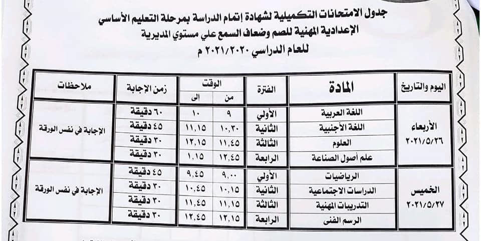 جدول امتحانات الصف الثالث الإعدادي الترم الثاني 2021 محافظة بني سويف 6