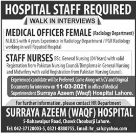 Surraya Azeem Waqf Hospital Lahore | Medical Jobs 2021