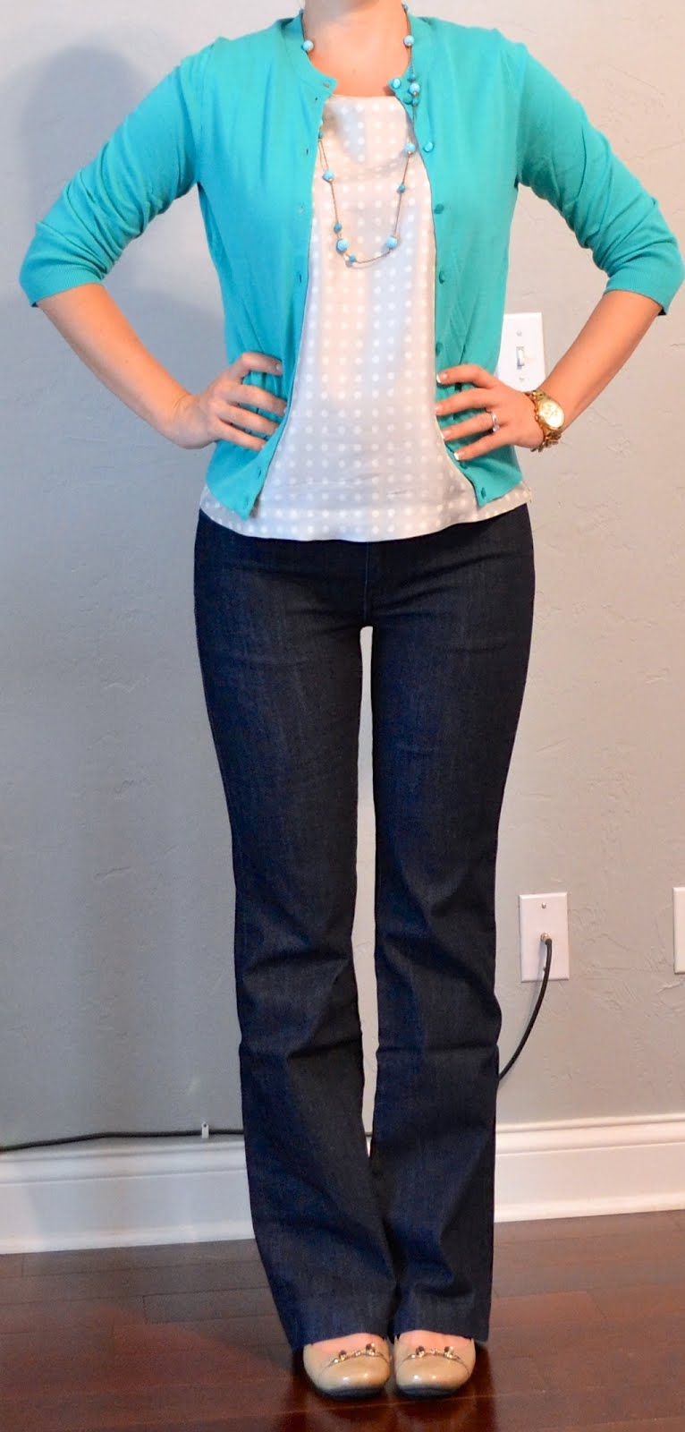 outfit posts: teal cardigan, grey polkadot blouse, trouser jeans ...