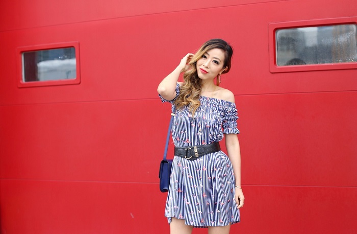 Flamingo off shoulder dress, gorjana necklace, kendra Scott earrings, celine classic box bag, cat footwear ankle booties, spring style, nyc fashion blog