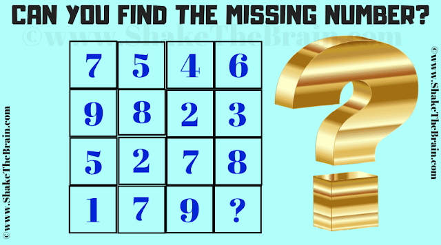 Can you find the missing number? 7 5 4 6, 9 8 2 3, 5 2 7 8, 1 7 9 ?