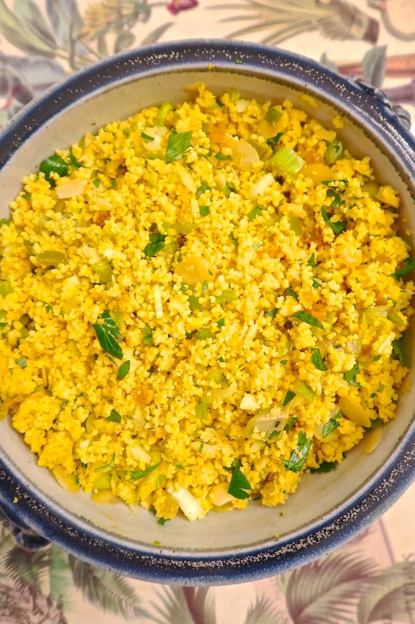 Scrumpdillyicious Curried Couscous with Celery, Raisins & Almonds