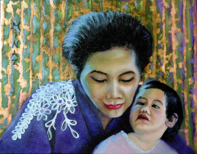 Breakfast with Grandmother (Princesses' of Thailand) oil on canvas with gold foil by Minaz Jantz