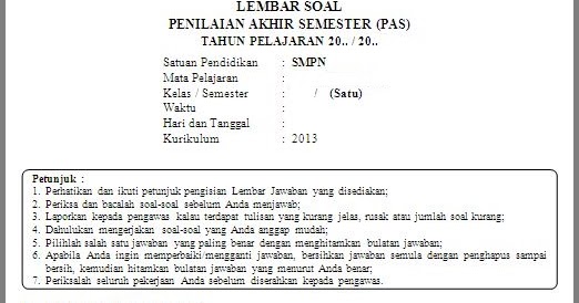 Soal PAS SMP/MTS Kelas 7 Semester 1 K13 Tahun 2019/2020