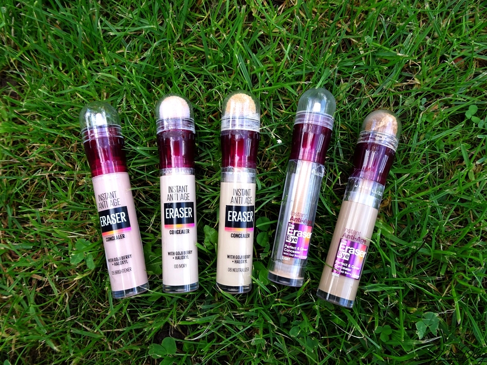 Korektor Maybelline Instant Anti-Age Eraser Concealer, Maybelline Instant Age Rewind, korektor Maybelline z gąbką, 00 Ivory, 01 Light, 02 Nude, 05 Brightener, 06 Neutralizer swatch