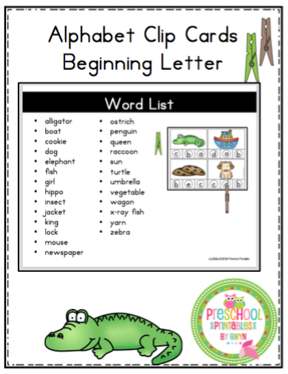 Alphabet Clip Cards Beginning Letters ~ Preschool Printables