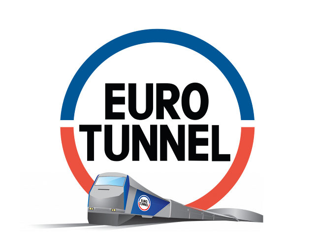 logo azul y rojo de eurotúnel con tren en parte inferior