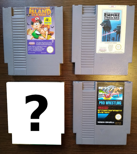 Los juegos de NES Adventure Island Classic, Star Wars Empire Strikes Back, Pro Wrestling y uno sorpresa con un interrogante.