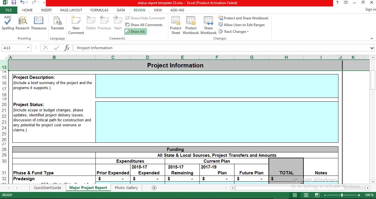 Sample Project Status Report Template in Excel For One Page Project Status Report Template