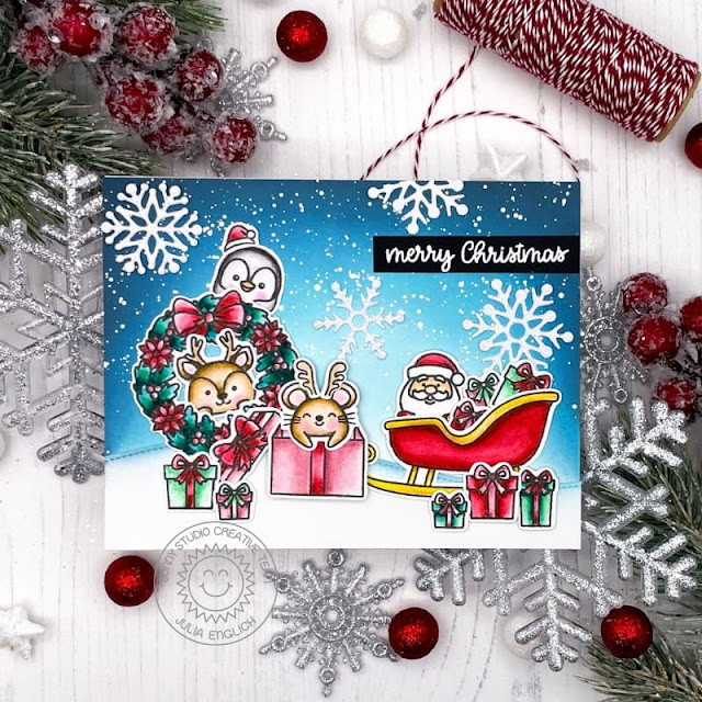 Sunny Studio Stamps: Christmas Critters Christmas Card by Julia Englich (featuring Holiday Express, Lacy Snowflake Dies, Santa Claus Lane)