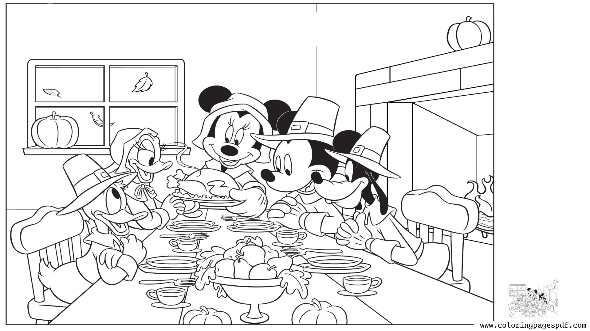 Coloring Page Of Mickey Mouse Enjoying Thanksgiving With His Friends